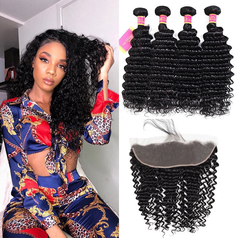Deep Wave Virgin Hair Weave 4 Bundles With 13x4 Lace Frontal Closure Human Hair Weft