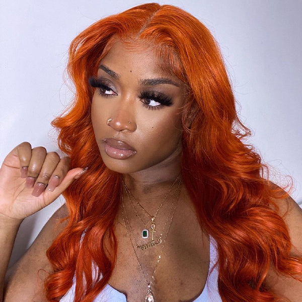 Clearance Sale Ginger Orange Color Transparent HD Lace Part Wig Straight Body Wave Human Hair Wigs