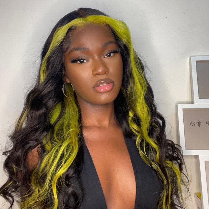 Highlights Skunk Stripe Green Pink Body Wave 13x4 HD Lace Human Hair Transparent Lace Wigs