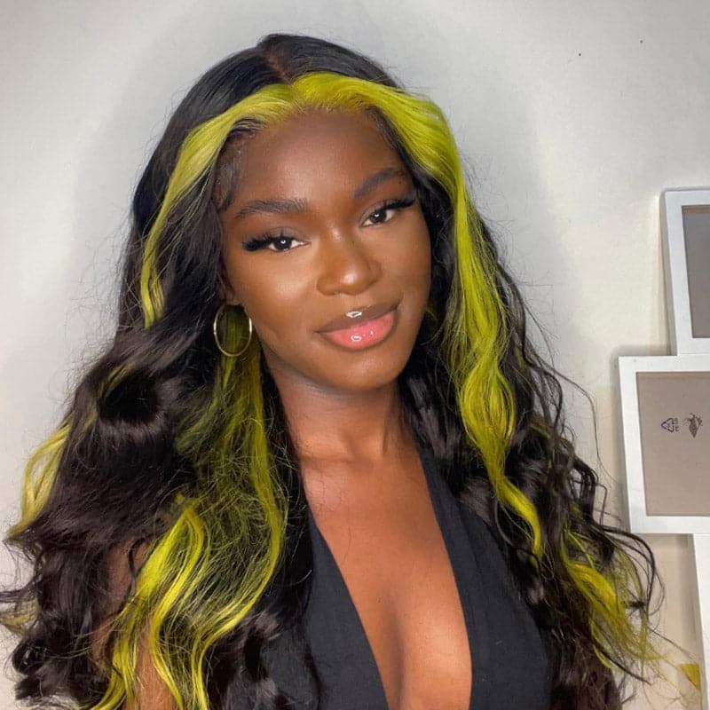 Highlights Skunk Stripe Green Pink Body Wave 13x4 HD Lace Human Hair Transparent Lace Wigs