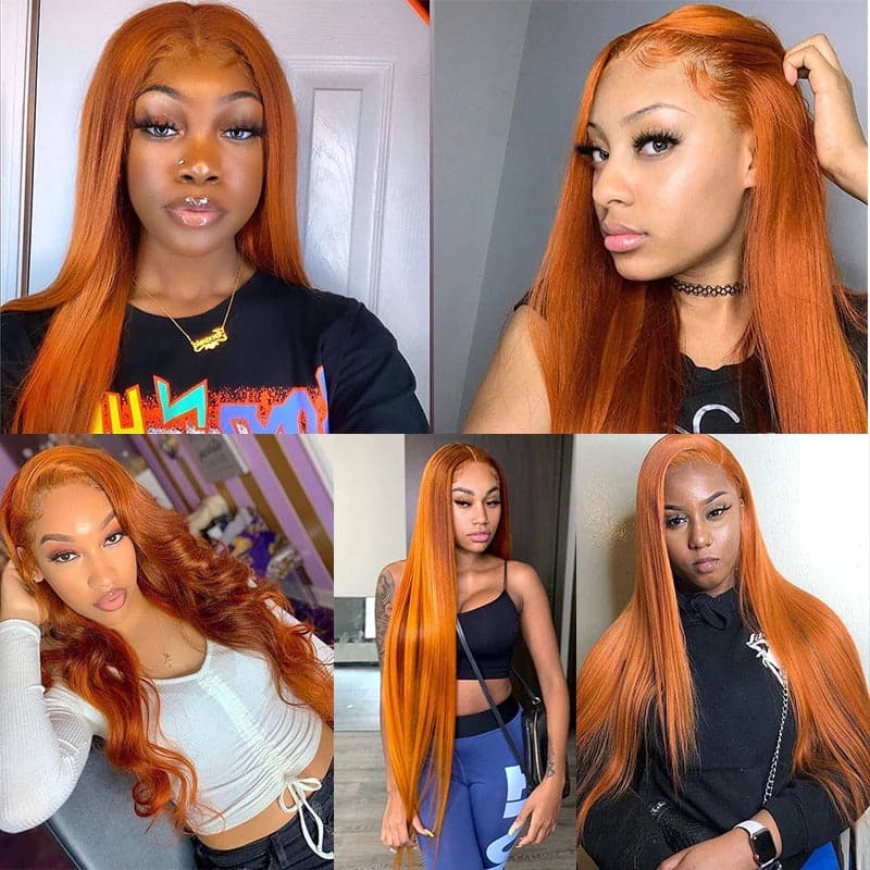 Clearance Sale Ginger Orange Color HD Lace T Part Wigs Human Hair Straight Body Wave Curly Wig