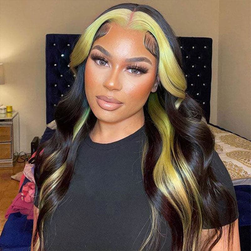 Highlights Skunk Stripe Green Pink Body Wave 13x4 HD Lace Human Hair Transparent Lace Wigs