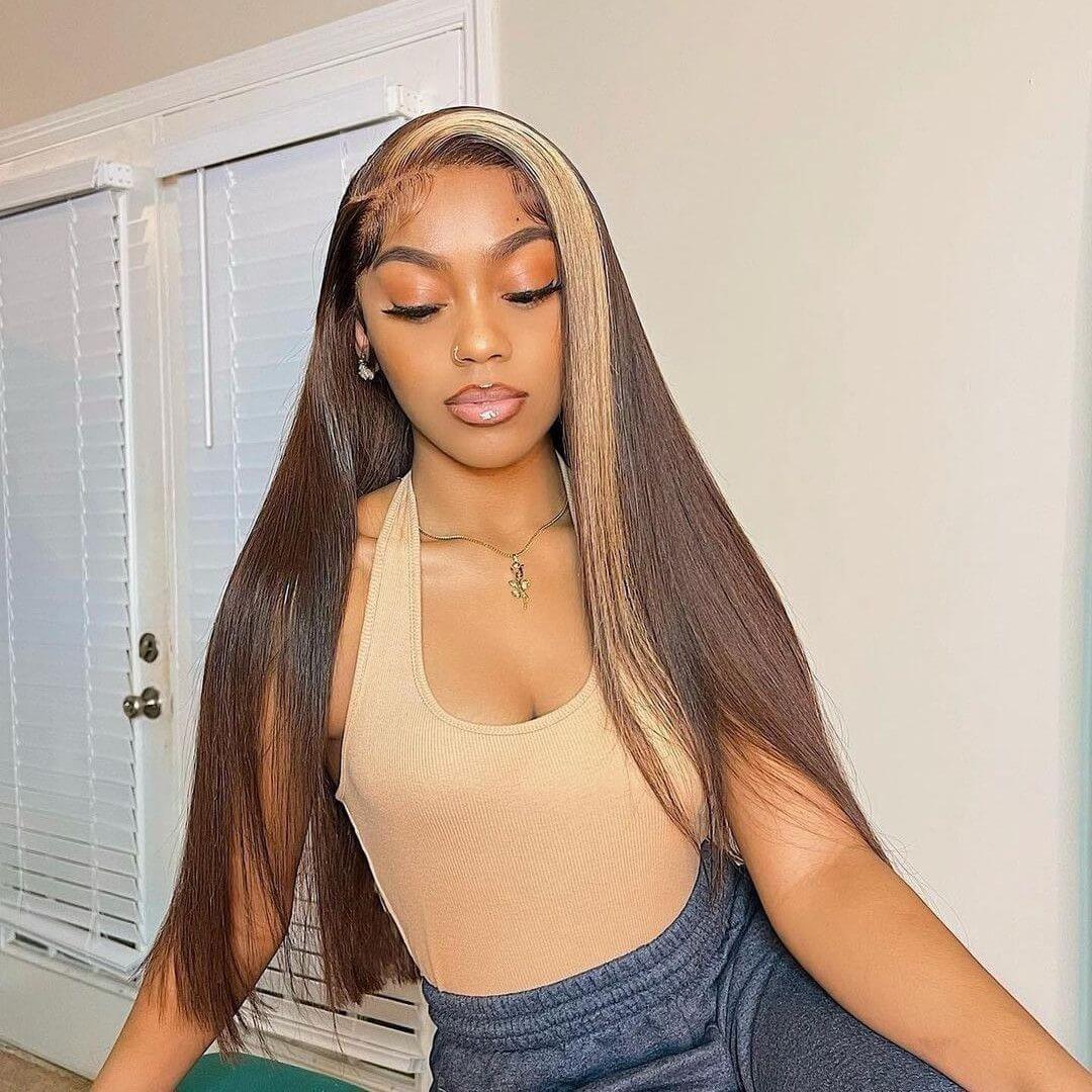 Chocolate Brown Skunk Stripe Straight Hair 13*4 Lace Front Human Hair Wigs