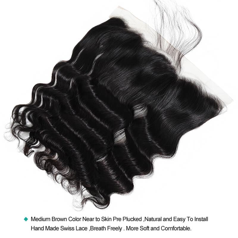 Virgin Hair Loose Deep Wave 13X4 Lace Frontal Closure Pre Plucked With Baby Hair Free Part