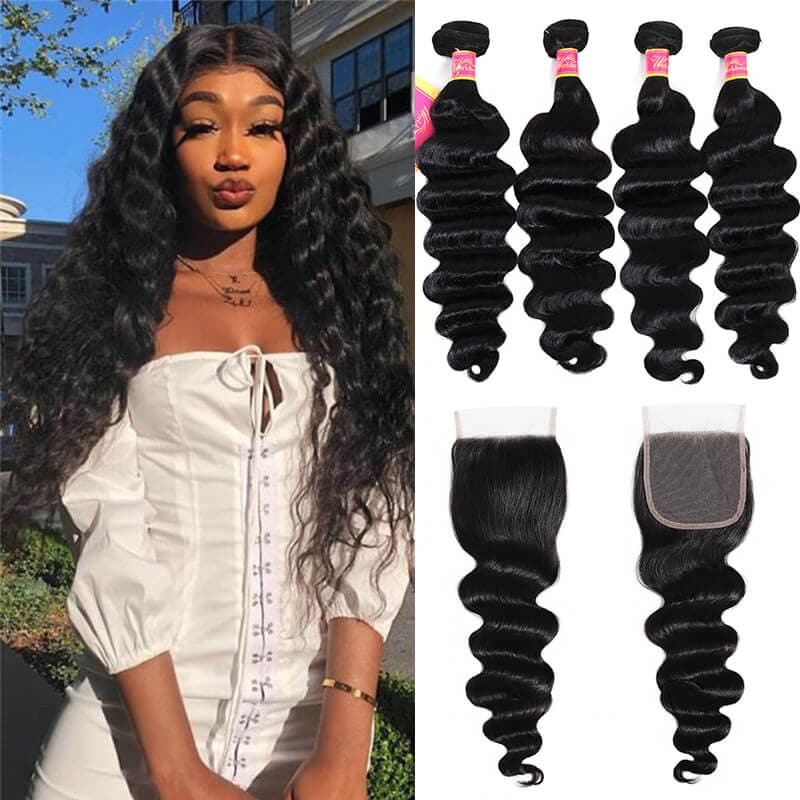 Loose Deep Wave Hair Bundles With Closure 100% Human Remy Hair For Black Woman