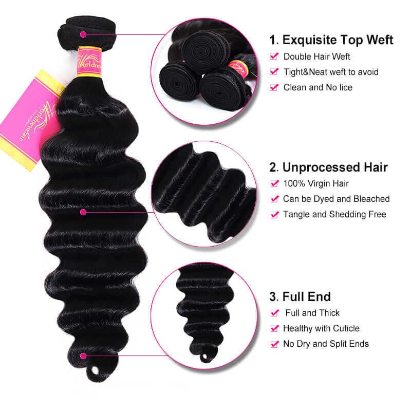 Loose Deep Wave Hair 3 Bundles with 4x4 Lace Closure Brazilian Virgin Human Hair Weft