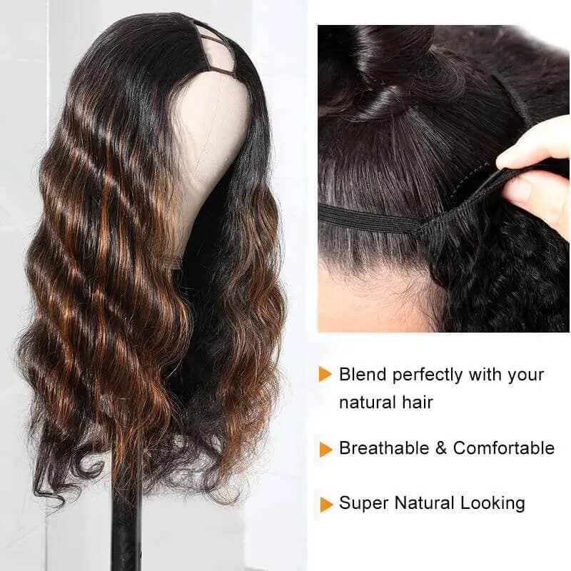 Body Wave U Part Wigs 2x4 Inch U Part Dark Aubrun Ombre Color Human Hair Wigs 150% Density