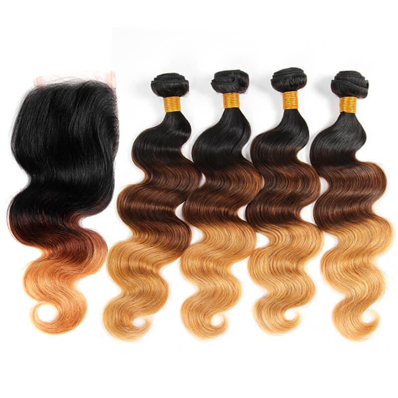 Ombre Color 1B/4/27 Brazilian Virgin Hair Body Wave Bundles With 4*4 Lace Closure