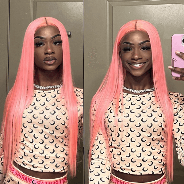 Trendy Light Ash Pink Colored Wig Straight Human Hair Lace Front Wigs