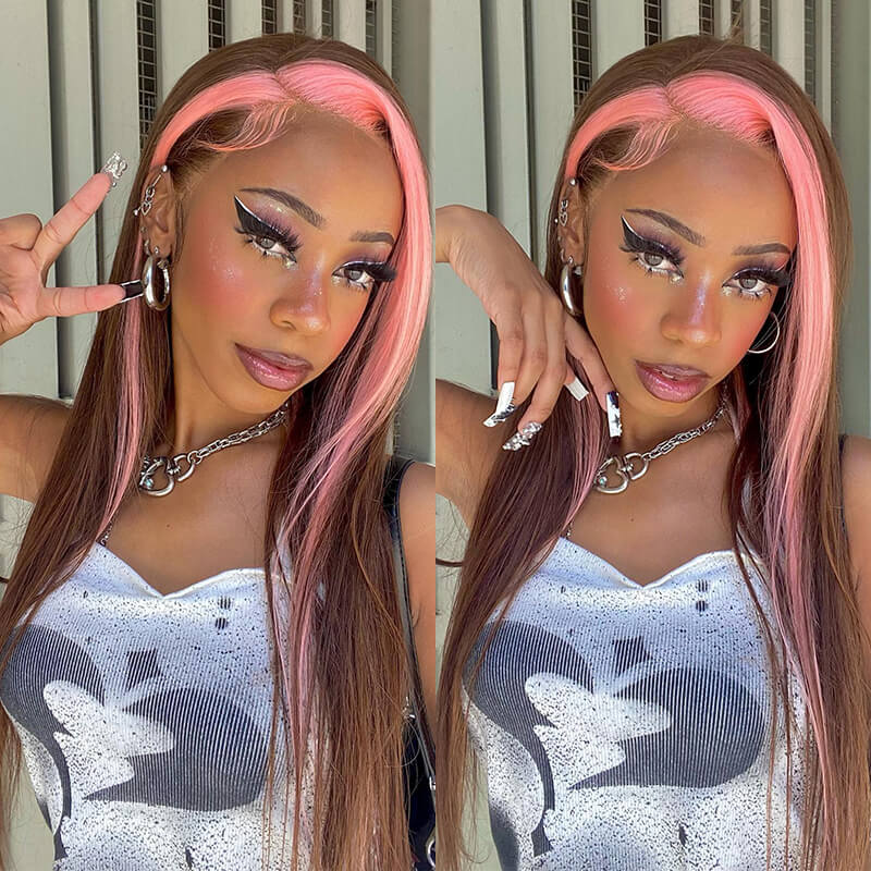 SKunk Stripe Pink & Chocolate Brown Straight Human Hair 13x4 Lace Front Wig