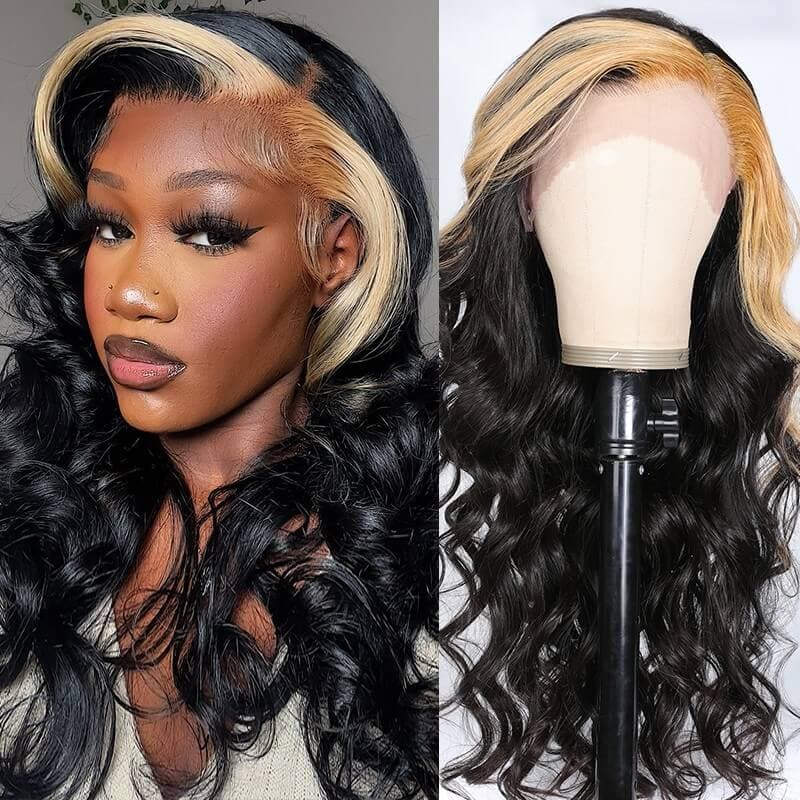 Skunk Stripe Lace Frontal Wig with Honey Blonde Highlights Virgin Human Hair Wigs
