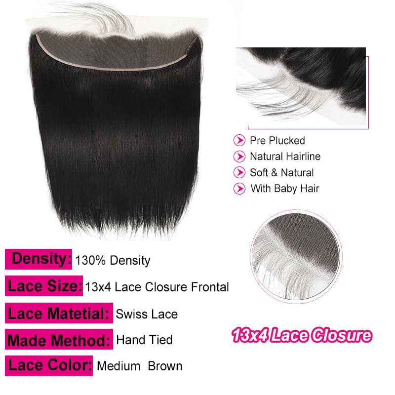 Straight Human Hair 13x4 Lace Closure Frontal Swiss Lace 100% Natural Hairline