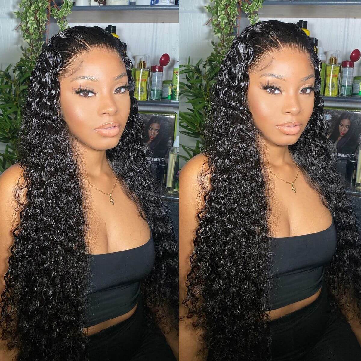 Water Wave T Part Wigs Glueless Human Hair Lace Wigs Natural Black 210% Density