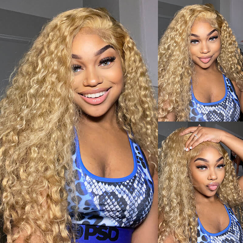 #27 Colored Pre Plucked Water Wave Lace Wig Honey Blonde Human Hair Wigs