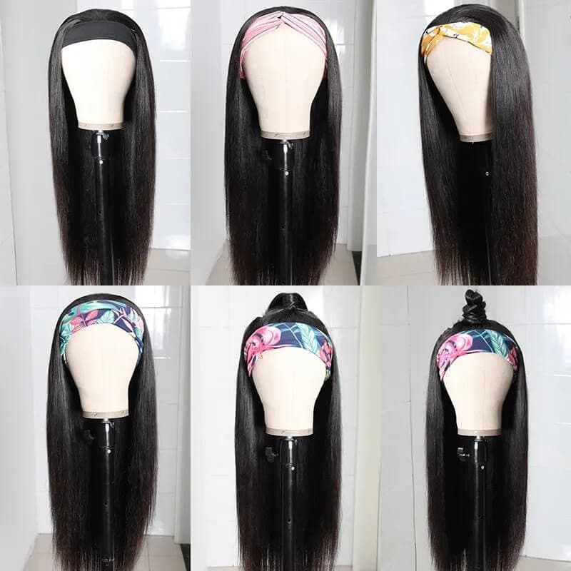 Long Straight Hair Headband Wigs Human Hair Glueless Wigs 180% Density Natural Black
