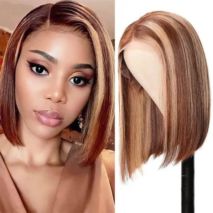 Highlight Honey Blond Lace Front Bob Wigs Shoulder Length Straight Human Hair Wigs