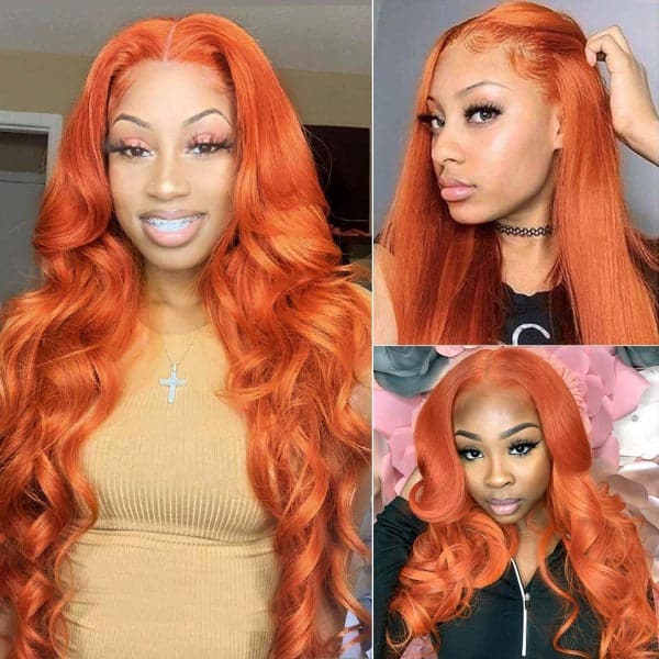 Clearance Sale Ginger Orange Color HD Lace T Part Wigs Human Hair Straight Body Wave Curly Wig