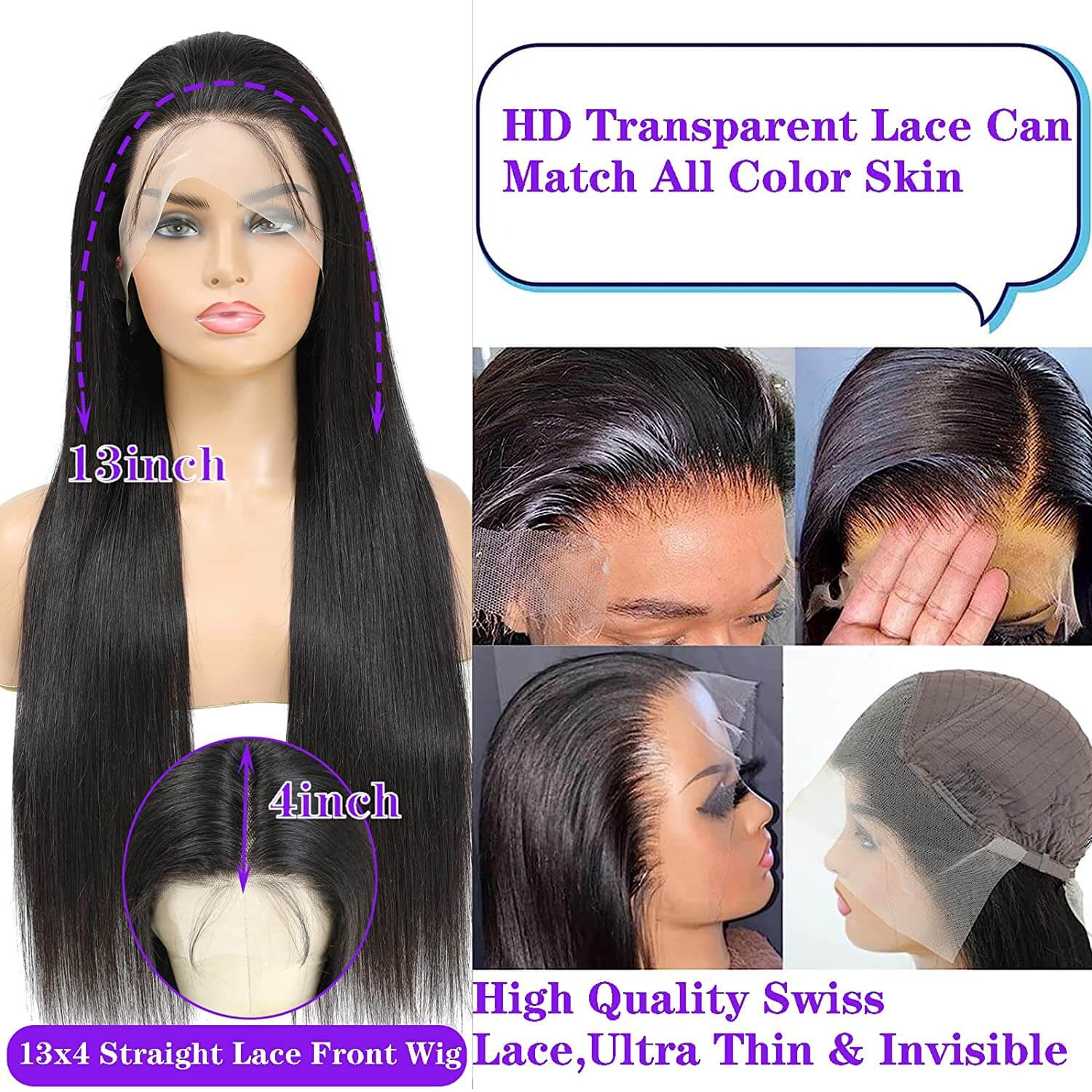 Straight Hair HD Transparent 13x4 Lace Front Wigs Pre Plucked Human Hair Wig Natural Black