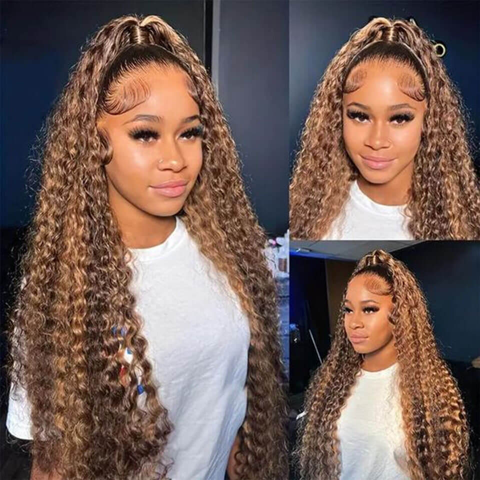 Honey blond highlight 427# 360 Lace Frontal Wig Deep Wave Water Wave Pre Plucked Human Hair Wigs