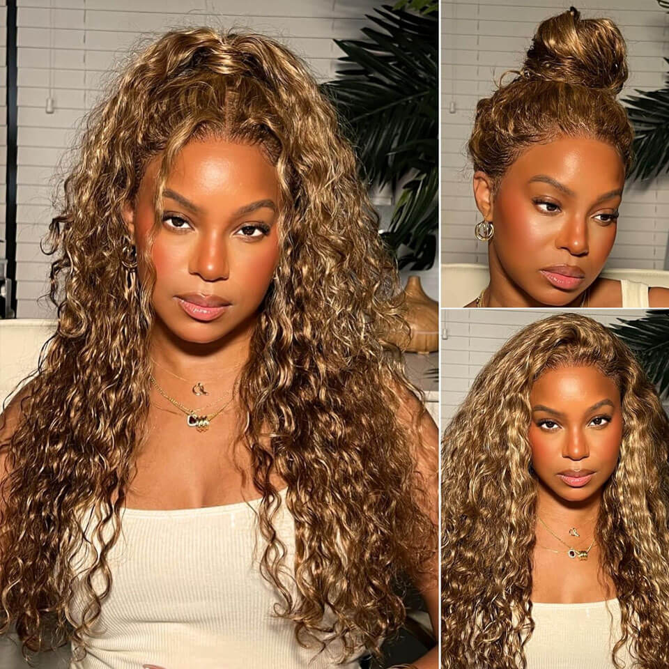 Honey blond highlight 427# 360 Lace Frontal Wig Deep Wave Water Wave Pre Plucked Human Hair Wigs