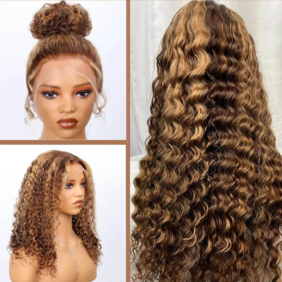 Honey blond highlight 427# 360 Lace Frontal Wig Deep Wave Water Wave Pre Plucked Human Hair Wigs