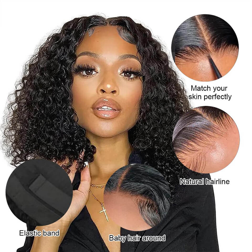 Wear And Go Curly Bob Lace Closure Wig Glueless HD Pre-Cut Human Hair Wigs 4x4 5x5 Lace Wig