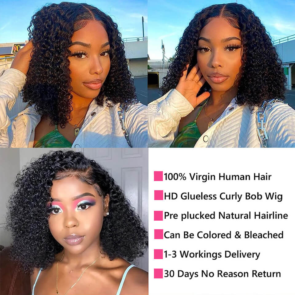 Wear And Go Curly Bob Lace Closure Wig Glueless HD Pre-Cut Human Hair Wigs 4x4 5x5 Lace Wig