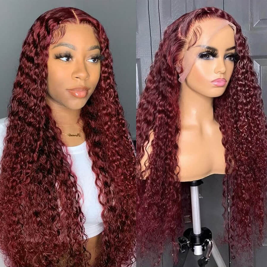 Burgundy 99J Deep Wave HD Lace Front Wigs Pre-Plucked Human Hair Wigs For Women