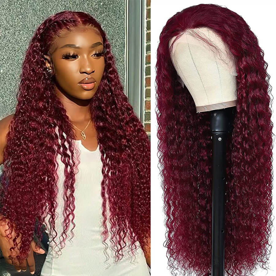 Burgundy 99J Deep Wave HD Lace Front Wigs Pre-Plucked Human Hair Wigs For Women