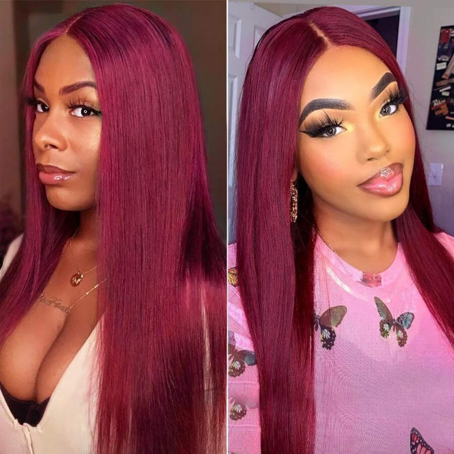 Wear and Go 99J Burgundy Wigs Silky Straight Pre-plucked Glueless 5x5 Lace Wigs