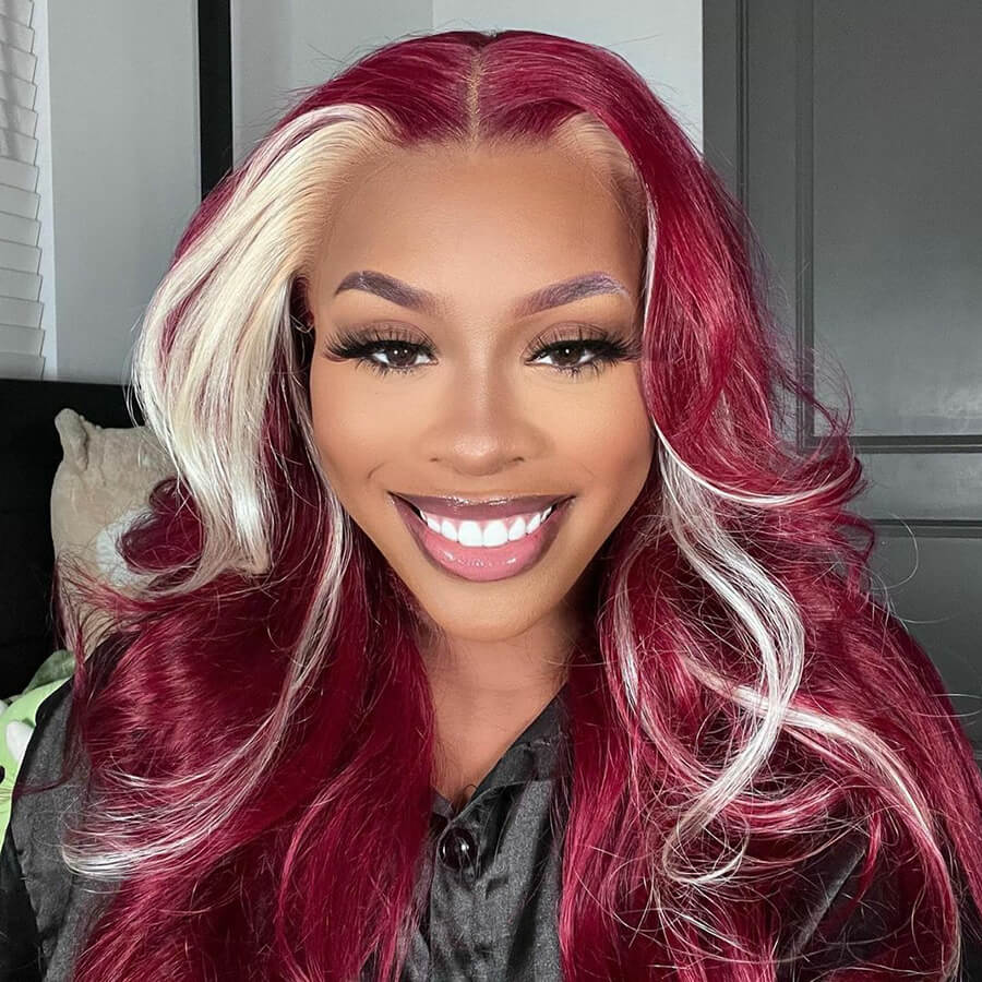 Burgundy & Blonde Skunk Stripe Straight HD Lace Front Wigs Human Hair Pre-Plucked Nature Hairline