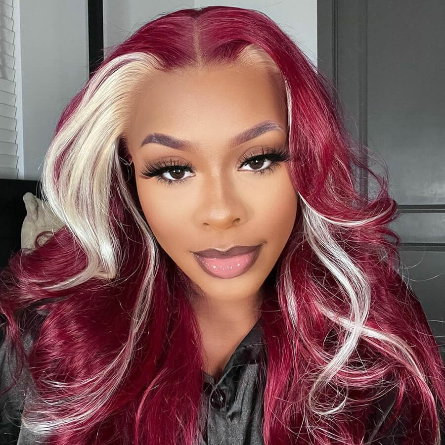 Burgundy & Blonde Skunk Stripe Straight HD Lace Front Wigs Human Hair Pre-Plucked Nature Hairline