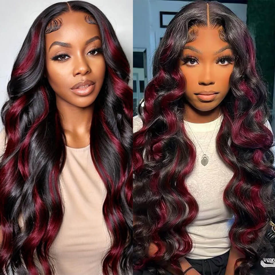 Highlights burgundy red color body wave 13x4 lace front wig