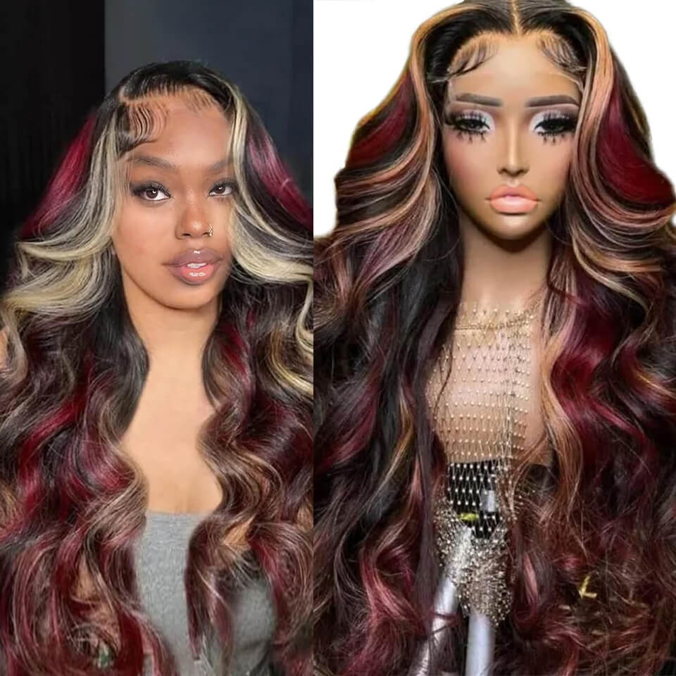 Highlights blond and red color body wave 13x4 HD lace front wigs