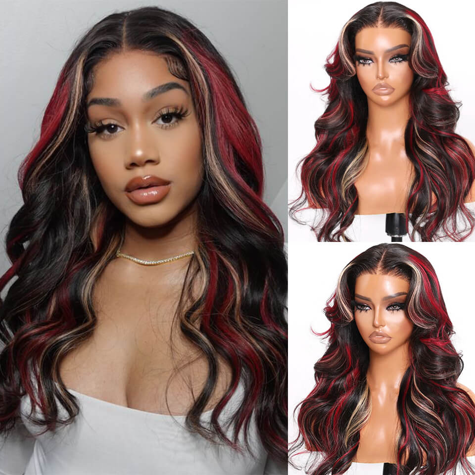 Highlights blond and red color body wave 13x4 HD lace front wigs