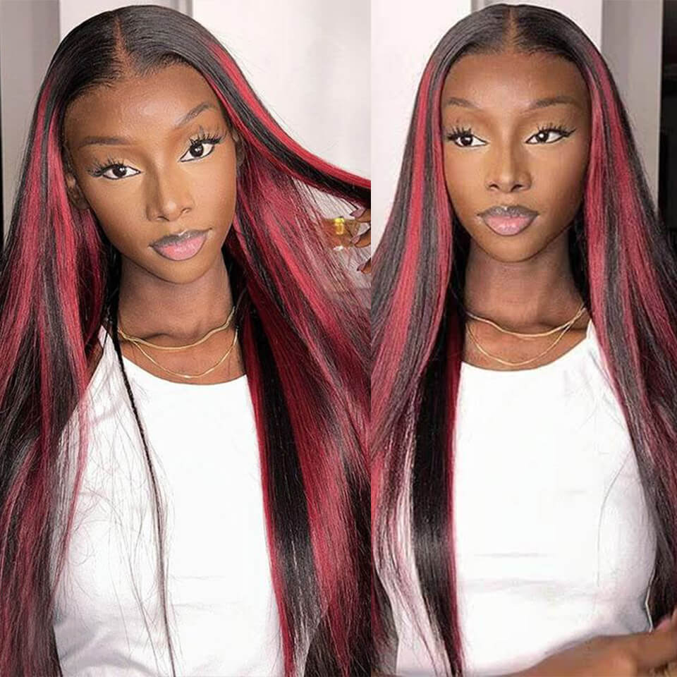Highlights burgundy red color straight lace front wig