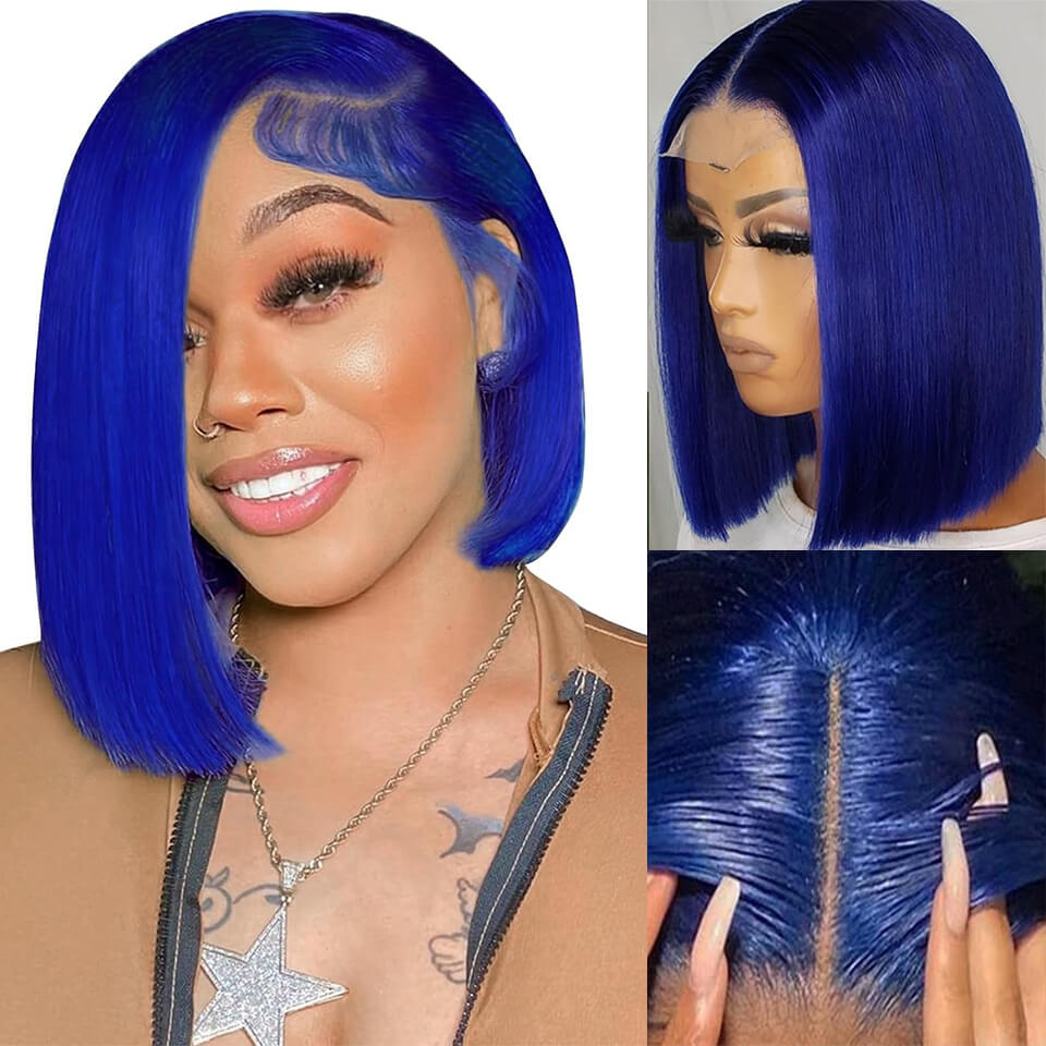 Blue Color 13x4 Lace Front Bob Wigs Human Hair Straight colorful wig