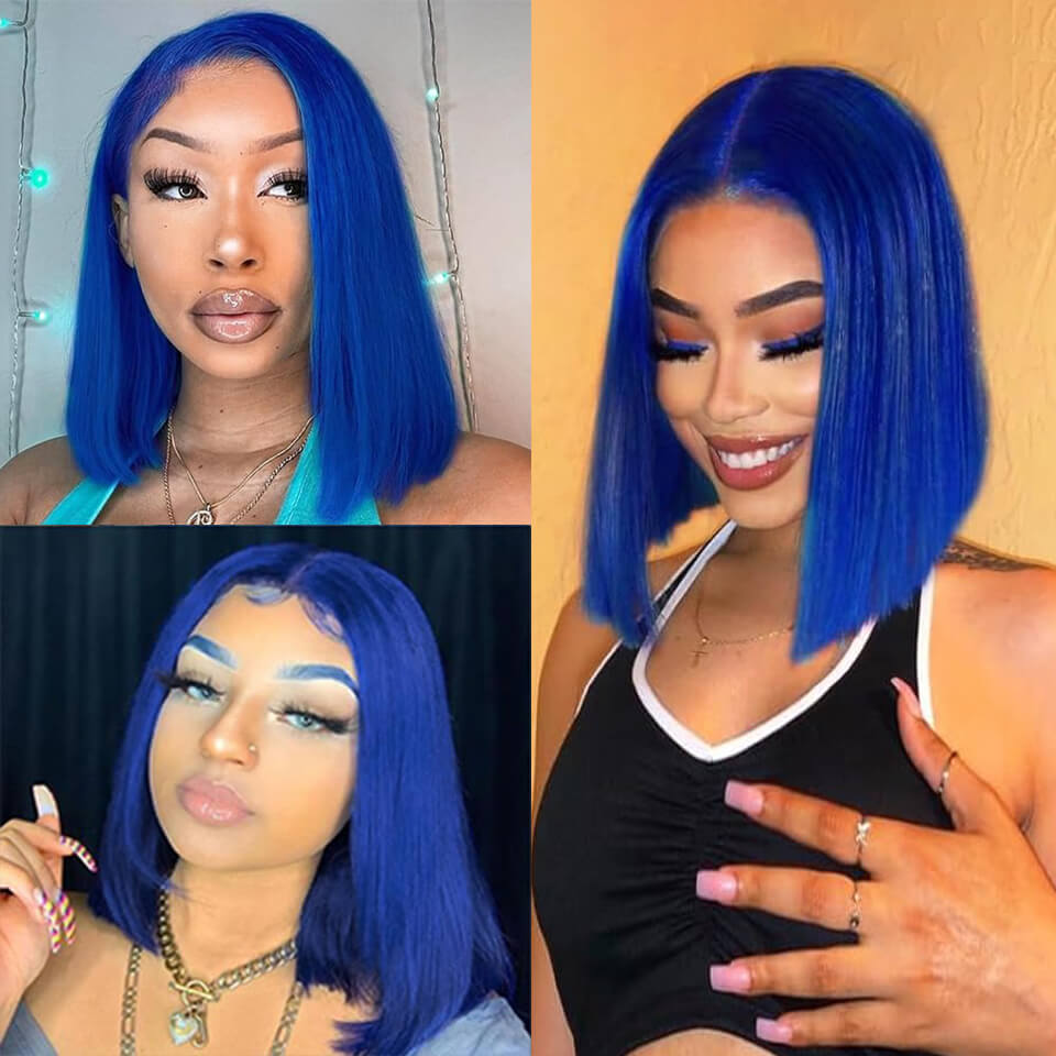 Blue Color 13x4 Lace Front Bob Wigs Human Hair Straight colorful wig