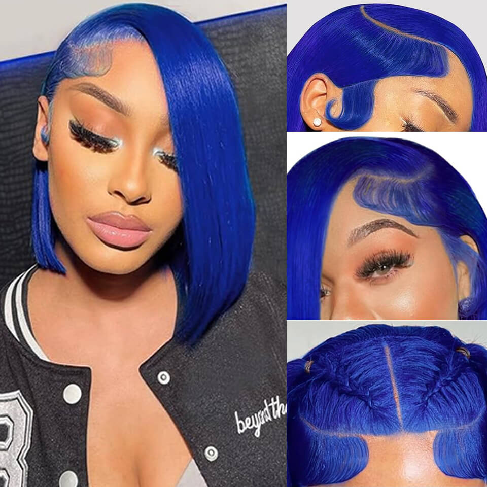 Blue Color 13x4 Lace Front Bob Wigs Human Hair Straight colorful wig