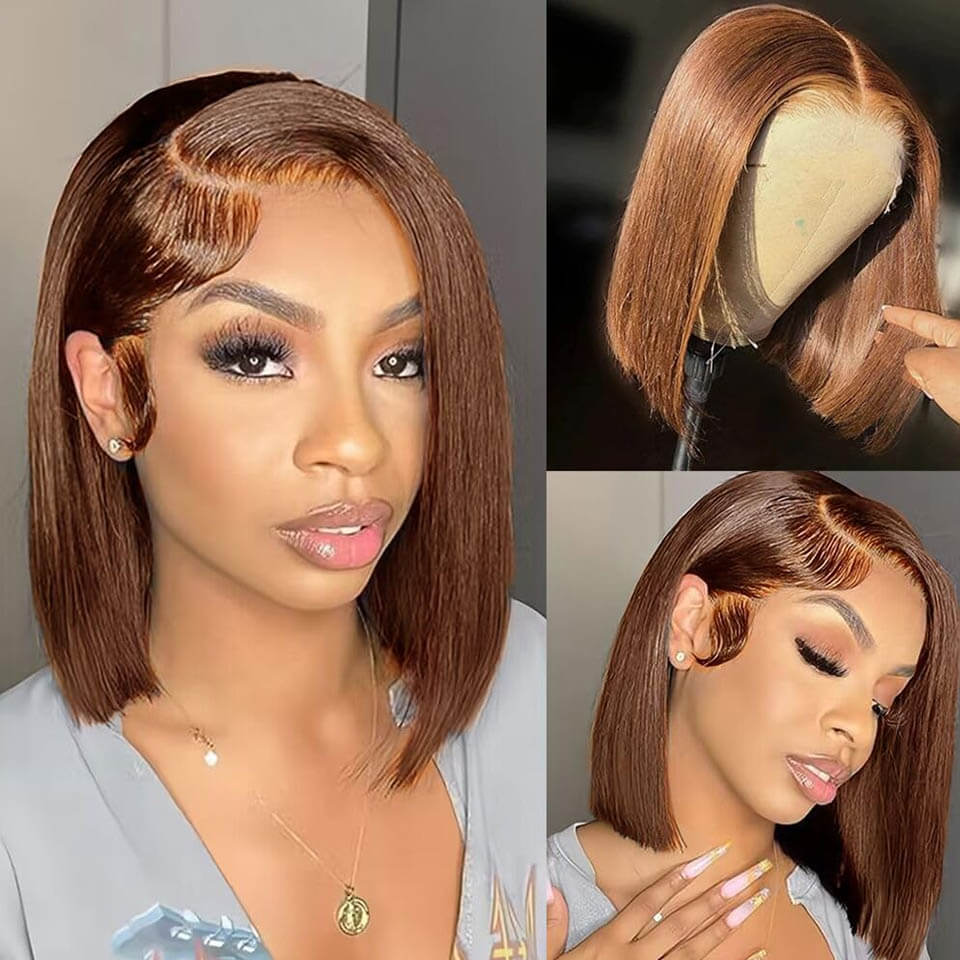 Chocolate Brown bob lace wig Straight Human Hair Lace Front Wig For Women