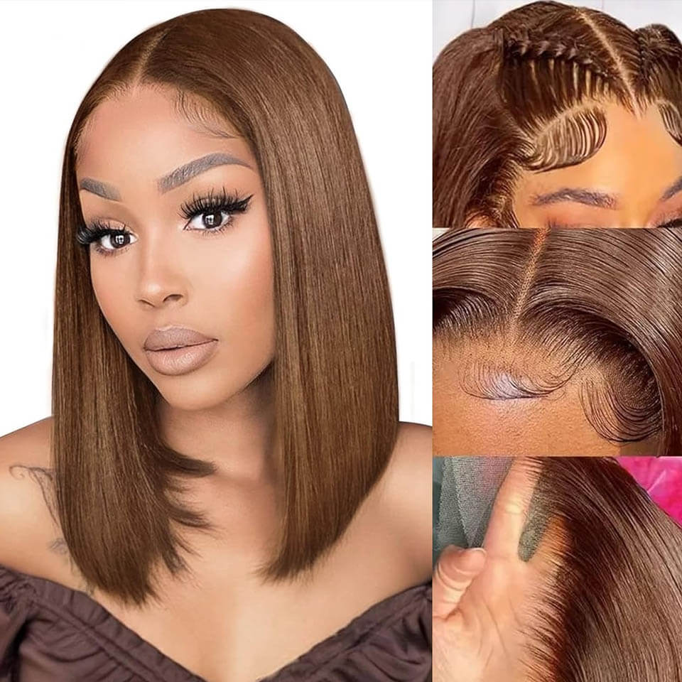 Chocolate Brown bob lace wig Straight Human Hair Lace Front Wig For Women