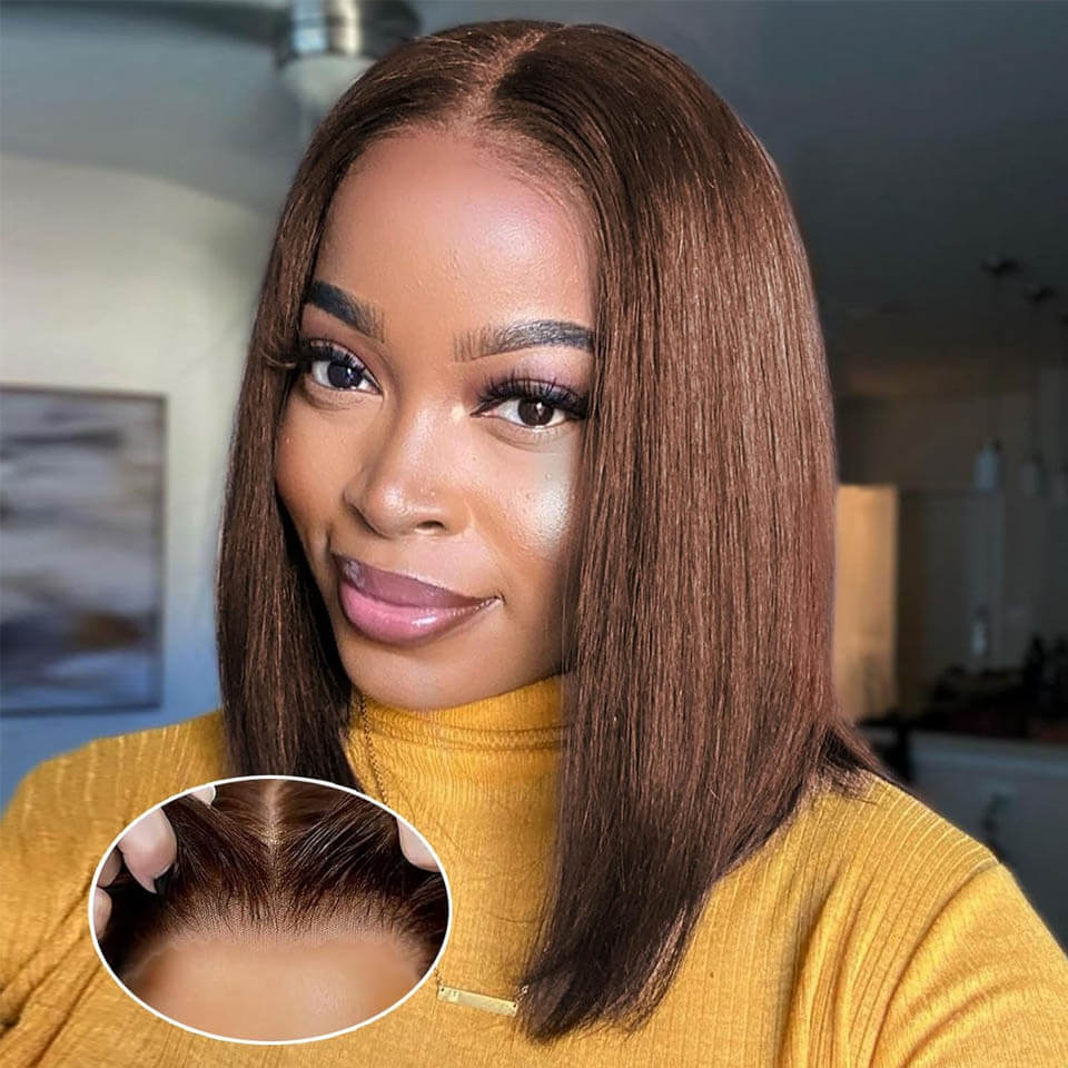 Chocolate Brown bob lace wig Straight Human Hair Lace Front Wig For Women