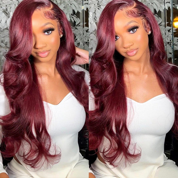 Pre Cut HD Lace Burgundy 99J Red Colored Hair Body Wave 5x5 Lace Closure Wigs For Women