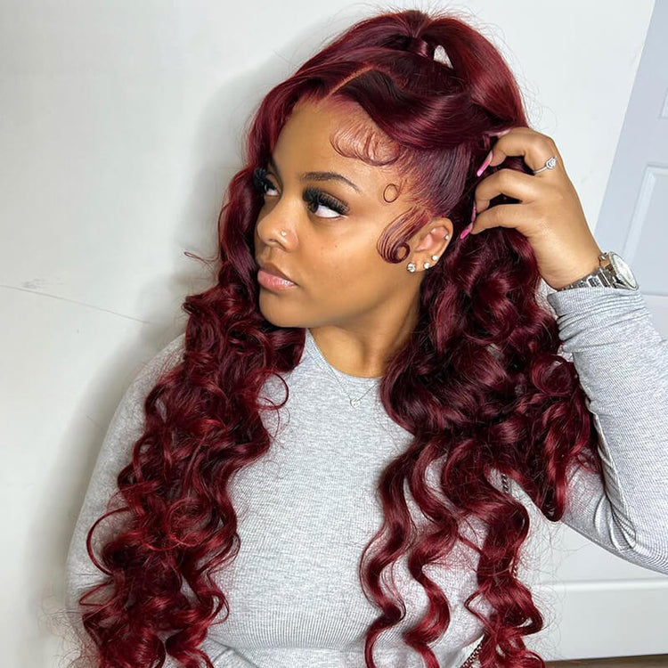 Pre Cut HD Lace Burgundy 99J Red Colored Hair Body Wave 5x5 Lace Closure Wigs For Women
