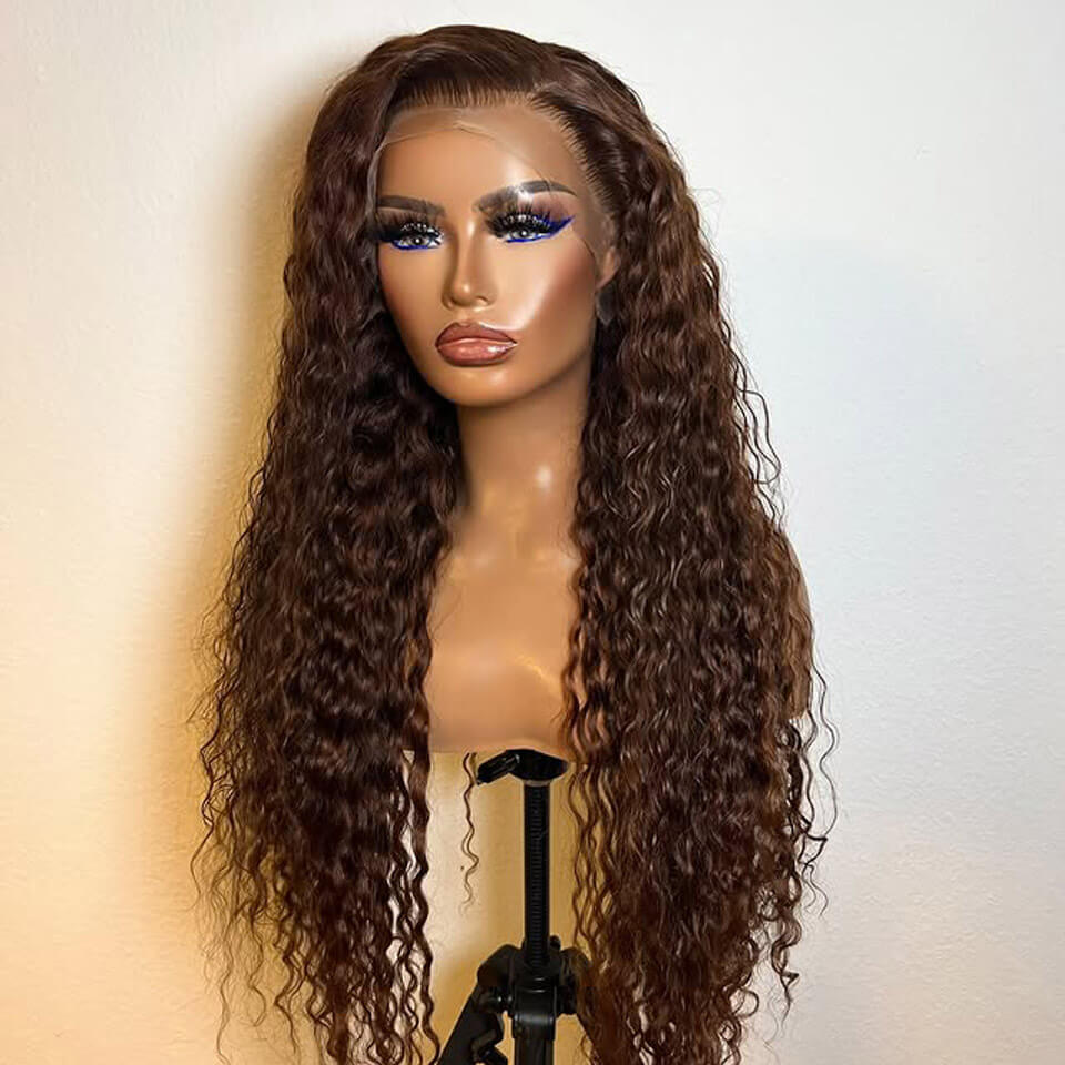 Solid Chocolate Brown Curly 13x6 Lace Frontal Wig Deep Wave Human Hair Wig 250% Density