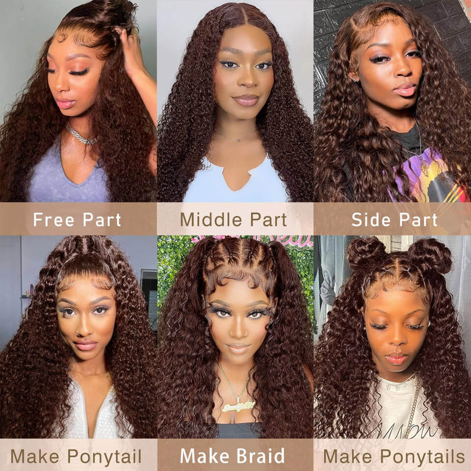 Solid Chocolate Brown Curly 13x6 Lace Frontal Wig Deep Wave Human Hair Wig 250% Density