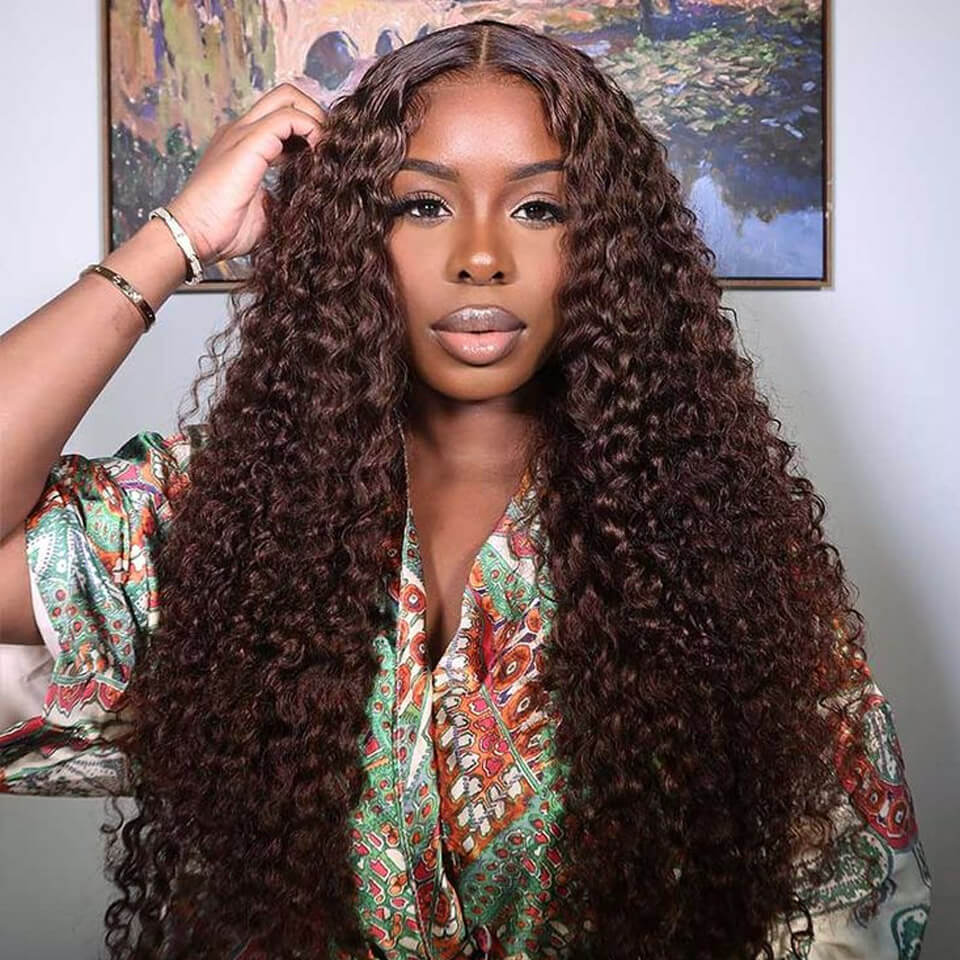 Solid Chocolate Brown Curly 13x6 Lace Frontal Wig Deep Wave Human Hair Wig 250% Density