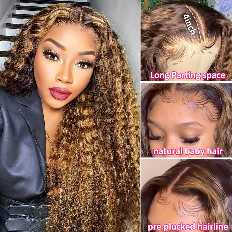 Deep Wave Highlight #427 13x4 Lace Front Wig Honey Blonde Human Hair Pre Plucked HD Lace Wigs
