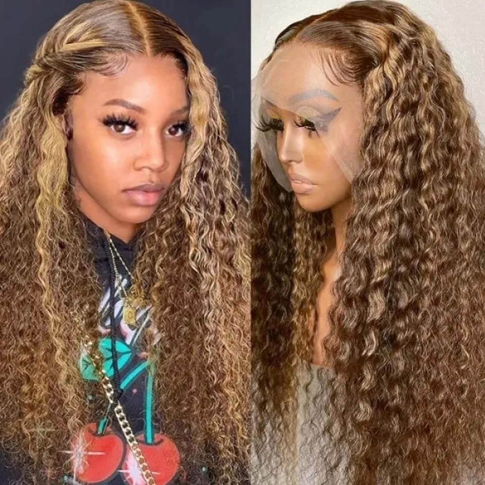 Deep Wave Highlight #427 13x4 Lace Front Wig Honey Blonde Human Hair Pre Plucked HD Lace Wigs