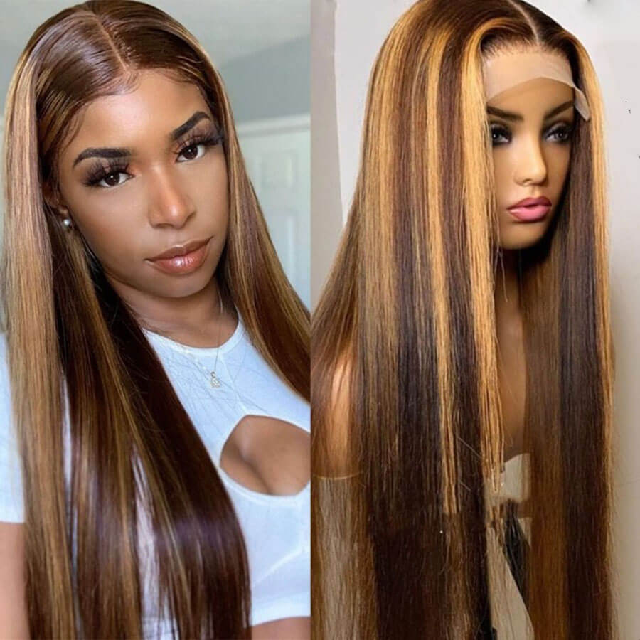 Straight Honey Blonde Highlight HD Lace Wigs Real Glueless 5x5 Human Hair Wigs Pre-Cut